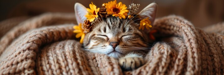 Cozy Cat in Winter Wreath Generative AI