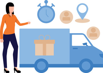 The girl is standing next to a delivery truck.