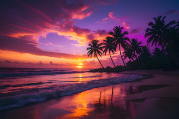 Gorgeous tropical sunset over beach with palm tree silhouettes Perfect for summer travel and vacation, romantic shoreline. Paradise on earth. Hawaii beach.