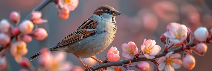 Springtime Serenity: Bird on Blossoming Apple Tree Branch Generative AI