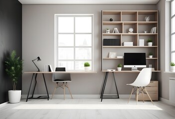 Stylish office interior with workplace, PC, and window bookshelf. Mockup in a wall