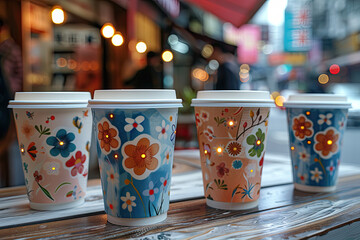 cups of coffee decorated with flowers 