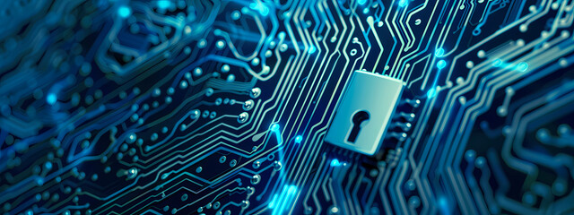 High-Tech Lock on Blue Circuit Background