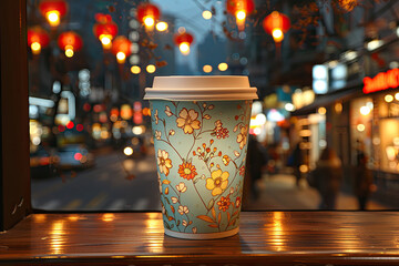 illuminated cup of coffee with flower design on it 
