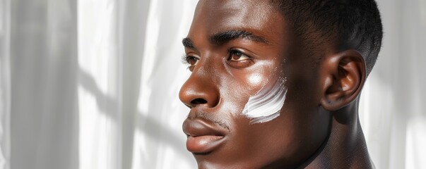 Morning skincare routine captured, black man applying serum, light filtering through sheer curtains