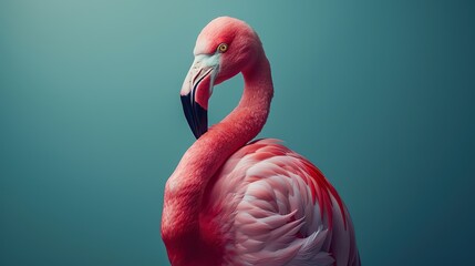 Fototapeta premium A dapper flamingo, adorned in a crisp pink suit complete with a sophisticated tie, poses with human-like charm for a fashion portrait..stock photo