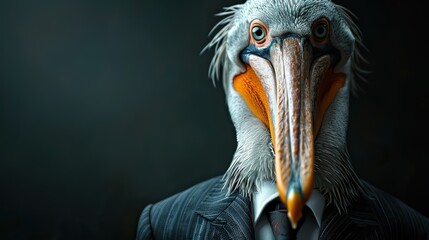 An anthropomorphic pelican, exuding sophistication in a tailored suit and exquisite tie, strikes a captivating pose with a distinctly human-like charisma..illustration stock image