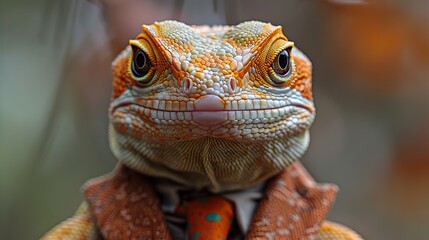 Fototapeta premium An elegantly attired lizard in a suit and tie poses for a charismatic fashion portrait, showcasing its charmingly human-like demeanor..stock image
