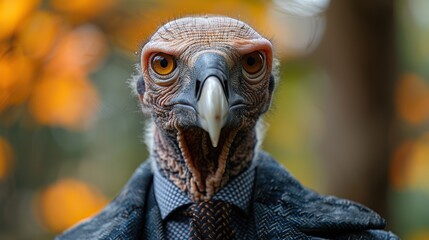 An elegantly attired vulture with a sophisticated suit and tie exudes a charismatic human persona in a fashion-forward animal portrait..illustration