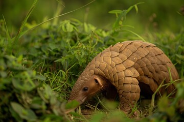A pangolin photographed in grassland habitat, walking across the African savanna. Horizontal. Space for copy.