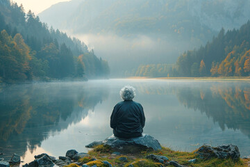 A tranquil scene of an elderly person meditating beside a calm lake at dawn, embodying peace and the wisdom that comes with age.