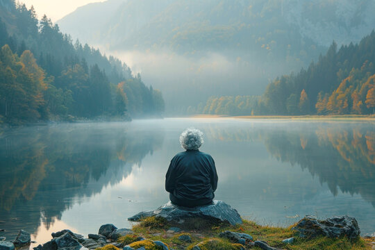 A tranquil scene of an elderly person meditating beside a calm lake at dawn, embodying peace and the wisdom that comes with age.
