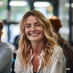 Obraz premium Radiant smile of a confident young woman in a casual setting