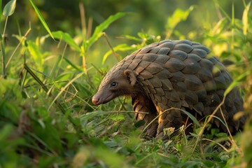 A pangolin photographed in grassland habitat, walking across the African savanna. Horizontal. Space for copy.