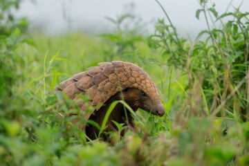 Obraz premium A pangolin photographed in grassland habitat, walking across the African savanna. Horizontal. Space for copy.