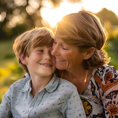 Tender moment between a mother and her son at golden hour