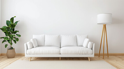 Obraz premium Bright modern living room with white sofa, floor lamp and green plant on wooden laminate. Scandinavian style, cozy interior background. Bright stylish room mockup. 3d render.