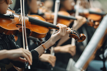Close up of orchestra playing music