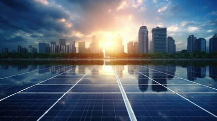 Sustainable Cityscape at Sunset with Solar Panels