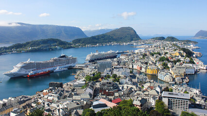 Cityscape of Alesund city on a sunny summer day, Norway. Aerial view of colorful Art Nouveau...