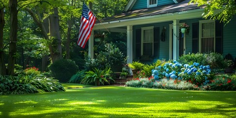 American homeowner proudly displays US flag on their property. Concept Patriotic Display, American Home, Proud Homeowner, US Flag, Property Decoration - Powered by Adobe