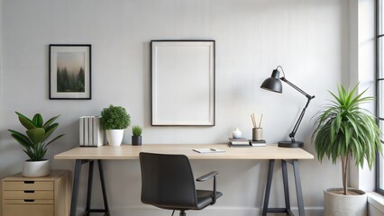 Simple Desk Frame Mockup – Black Frame: A clean workspace featuring a black frame on a white desk, ideal for showcasing posters or prints in a modern office setting.

