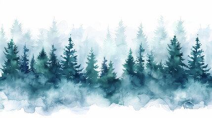 Fototapeta premium Blue landscape of foggy forest, winter hill. Wild nature, frozen, misty, taiga. watercolor background.