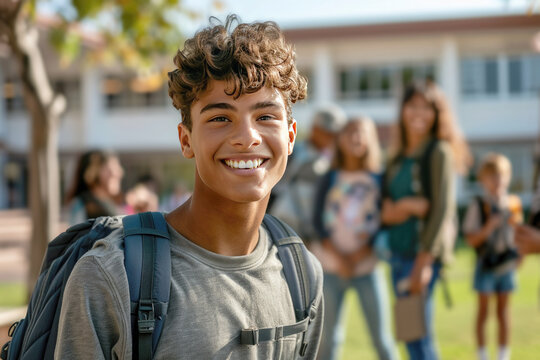 teenage boy, a schoolboy in the schoolyard with classmates, is happy to go to school. Concept of back to school, education, study or last day of school