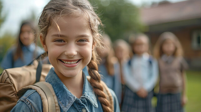 schoolgirl girl with a backpack and two pigtails, in the schoolyard with classmates, is happy to go to school. Concept of back to school, education, study or last day of school - Powered by Adobe