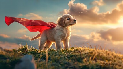 Adorable Puppy in Hero Cape Standing on Hill Against Sunset Sky