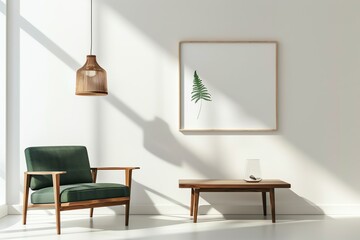 A serene and minimalist interior featuring a dark green midcentury modern armchair