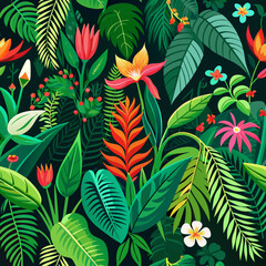 Vibrant rainforest foliage patterns, featuring intense greens and exotic flowers.1