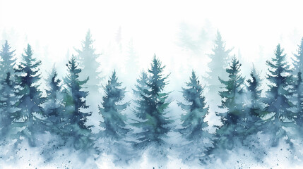 Fototapeta premium Blue landscape of foggy forest, winter hill. Wild nature, frozen, misty, taiga. watercolor background.