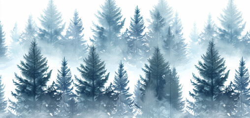foggy spruce forest. Fir trees isolated on white background.