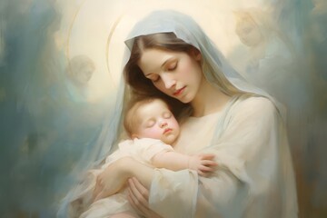 An inspiring painting depicting Virgin Mary holding infant Jesus, surrounded by a soft halo The artwork features gentle colors and a minimalist style, focusing on the spiritual connection between moth