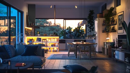 Warm and Inviting Modern Living Room with Dusk View Through Large Windows