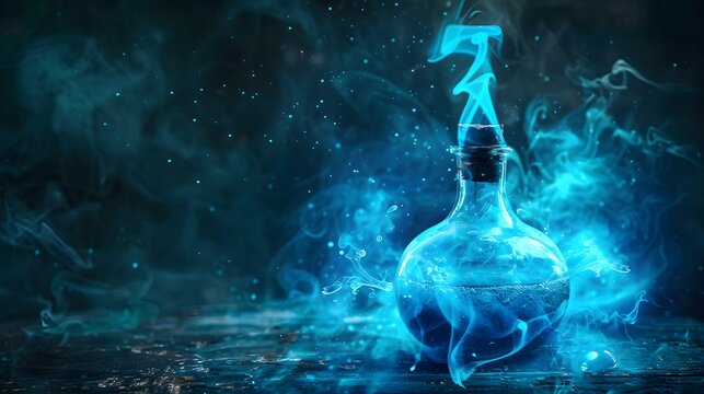 A lone figure shrouded in darkness holds a mysterious glass flask filled with an unknown liquid