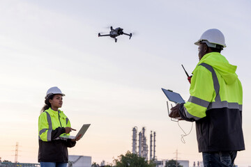 Engineer surveyor team Use drone for operator inspecting and survey construction site. Surveyors or...