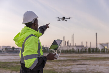 Engineer surveyor team Use drone for operator inspecting and survey construction site. Surveyors or explorer use drones to view construction sites or check security