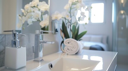 Modern bathroom mirror framed in sleek chrome, adding sophistication to the space.