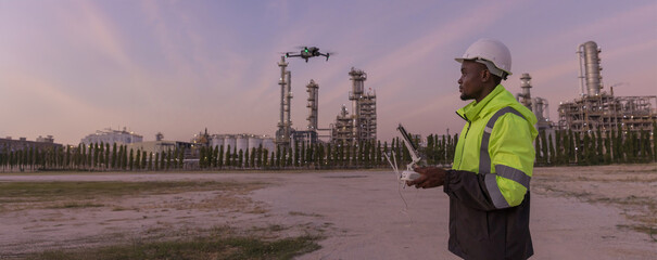 Engineer surveyor team Use drone for operator inspecting and survey construction site. Surveyors or explorer use drones to view construction sites or check security