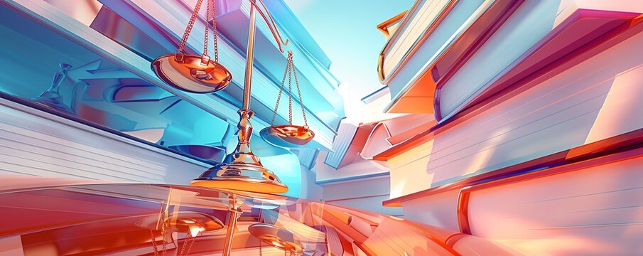 Vibrant conceptual image of justice scales surrounded by stacks of books, representing knowledge and law.