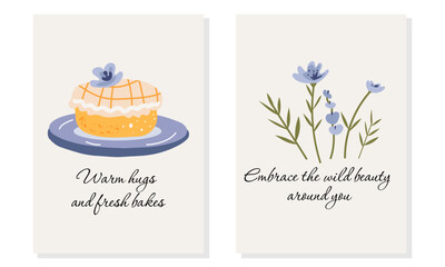 Fototapeta premium Greeting card set with cake and wildflowers. Cute and elegant vector illustration templates in simple style