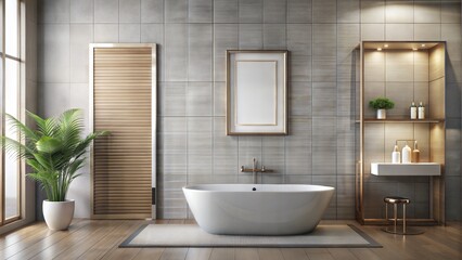 Bathroom Frame Mockup – Metallic Frame: A minimalist bathroom with a metallic frame on a tiled wall, perfect for stylish and elegant artwork mockups.
