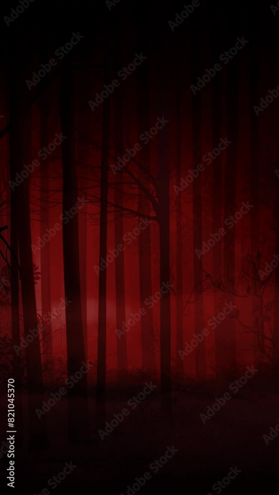 Wall mural vertical haunted red forest with bats and skeleton 4k features a forest with a red atmosphere with b