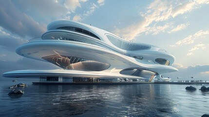 Obraz premium Aerial Cultural Complex: Three-Level Spaceship-Inspired Architecture