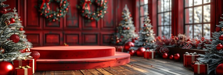 Festive Holiday Background with Podium and Gift Boxes Generative AI