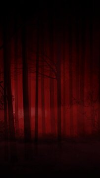 Vertical Haunted Red Forest with Bats and Skeleton 4K features a forest with a red atmosphere with bats flying and a skeleton walking across the scene in a vertical ratio loop, not a.i.