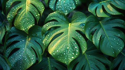 Obraz premium Tropical Forest Background, A close-up view of tropical leaves with dewdrops glistening in the morning light, showcasing the lush and humid environment of the forest. Illustration image,