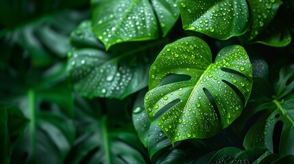 Obraz premium Tropical Forest Background, A close-up view of tropical leaves with dewdrops glistening in the morning light, showcasing the lush and humid environment of the forest. Illustration image,